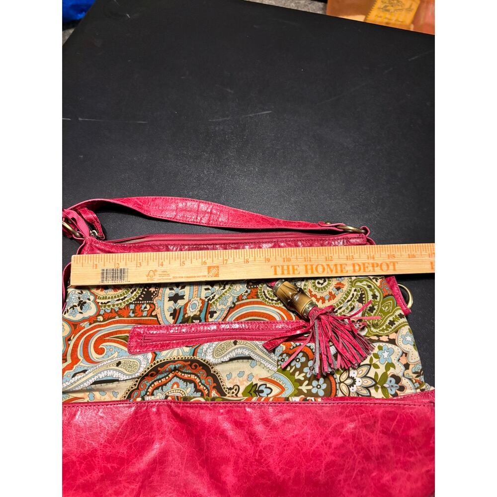 Boho Paisley Shoulder Bag Pink Faux Leather Trim Tassel Zip Purse Medium - Picture 8 of 10
